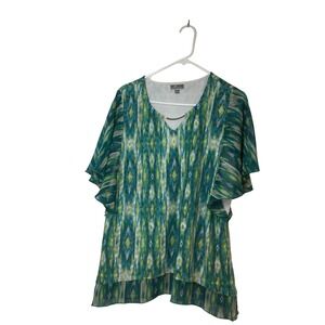 JM Collection Ombre Blouse Flutter Sleeve V-Neck Top Green Blue 1X (131)‎